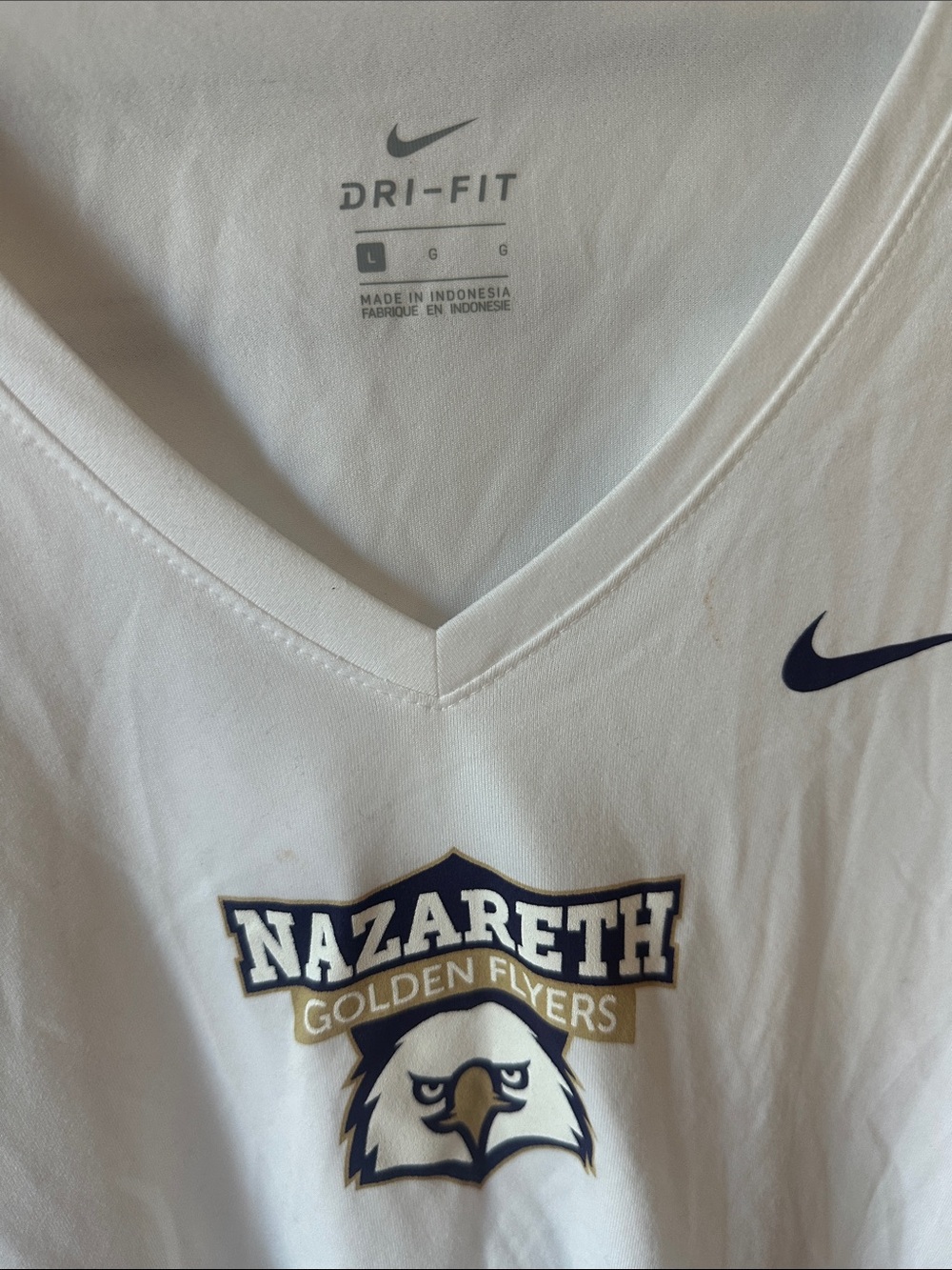 Nike White V-Neck Dri-FIT Tee with Nazareth Golden Flyers Logo - Picture 2 of 4